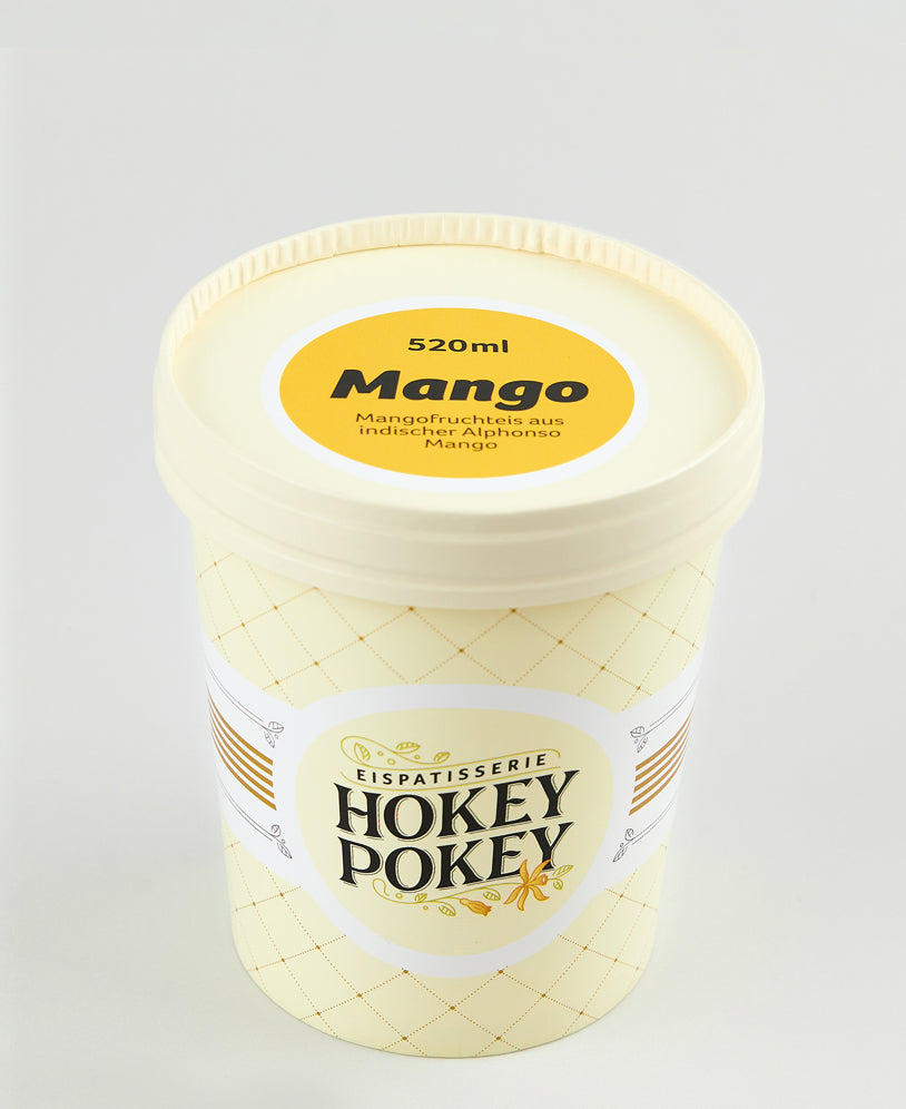 Eisbecher von Hokey Pokey mit Mango-Fruchteis aus indischer Alphonso-Mango – cremiges Premiumeis in 520 ml Verpackung, ideal für fruchtigen Eisgenuss.